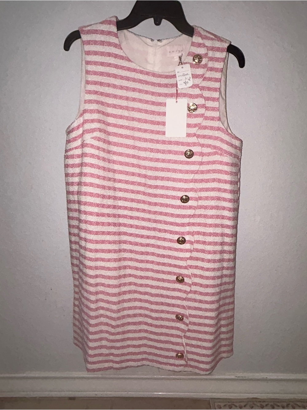 entro Pink and White Striped Midi Dress with Gold Buttons